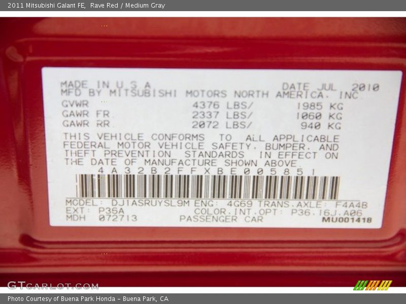 Rave Red / Medium Gray 2011 Mitsubishi Galant FE