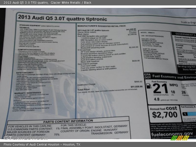  2013 Q5 3.0 TFSI quattro Window Sticker