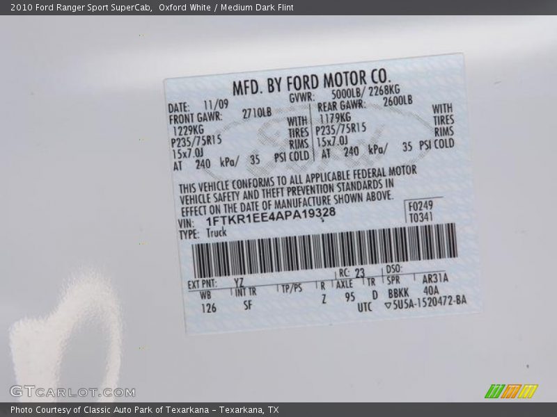 2010 Ranger Sport SuperCab Oxford White Color Code YZ