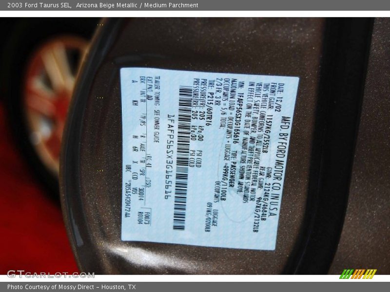 2003 Taurus SEL Arizona Beige Metallic Color Code AQ