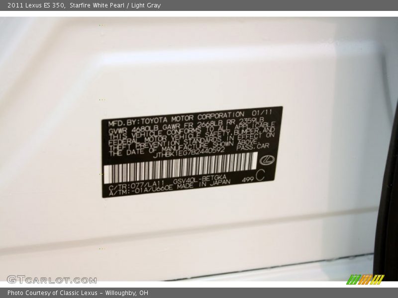 Starfire White Pearl / Light Gray 2011 Lexus ES 350