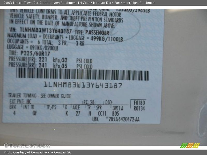 2003 Town Car Cartier Ivory Parchment Tri Coat Color Code HC