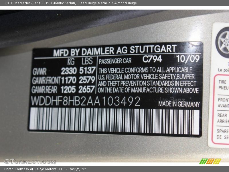 2010 E 350 4Matic Sedan Pearl Beige Metallic Color Code 794