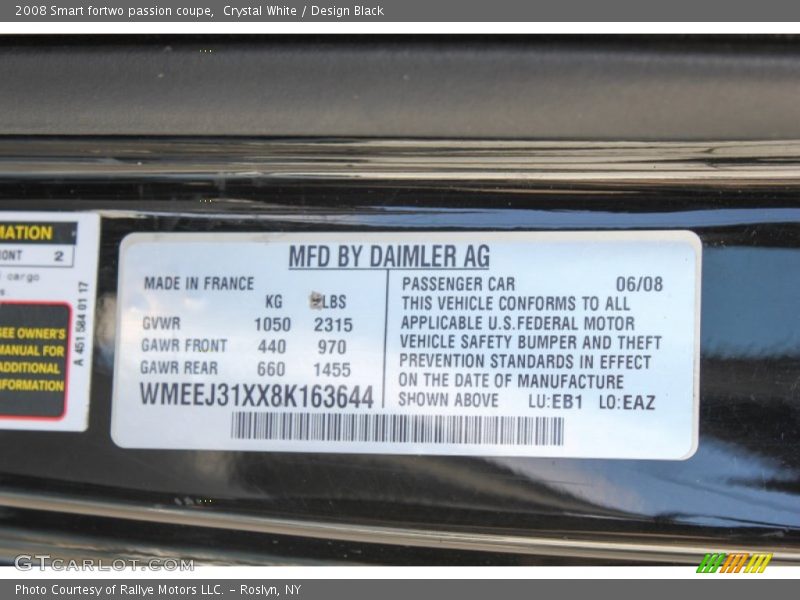 2008 fortwo passion coupe Crystal White Color Code EAZ