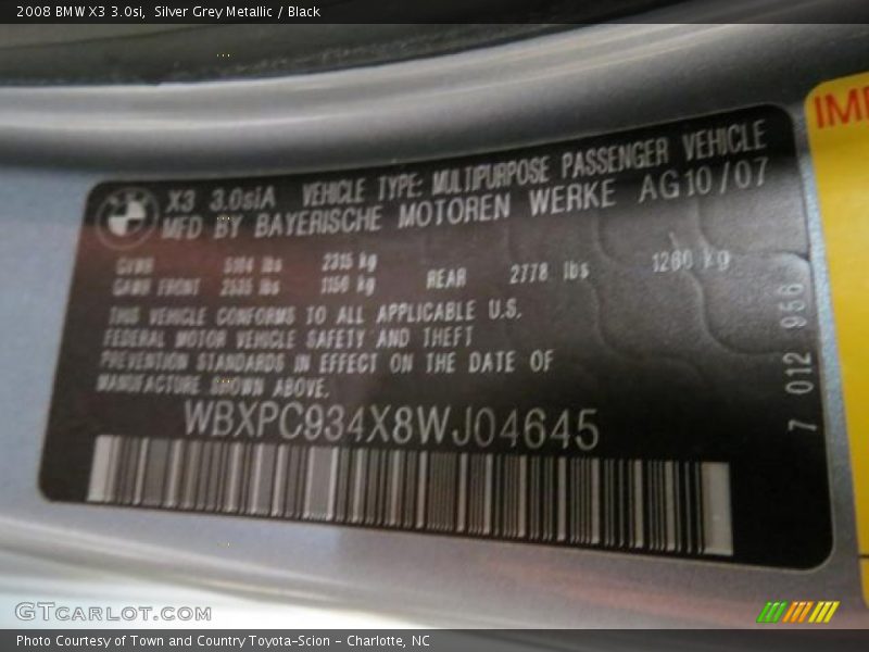 Silver Grey Metallic / Black 2008 BMW X3 3.0si