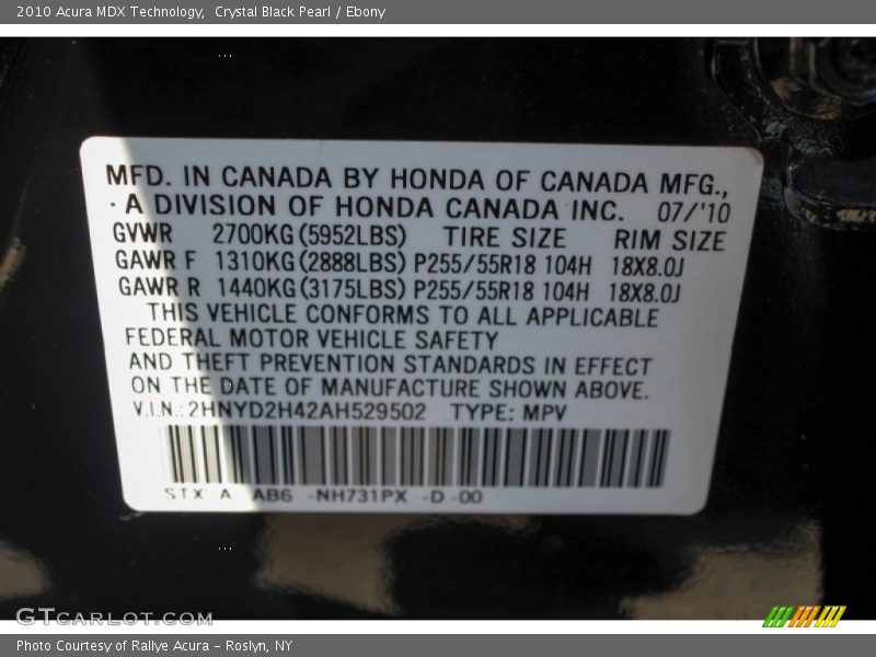 Crystal Black Pearl / Ebony 2010 Acura MDX Technology
