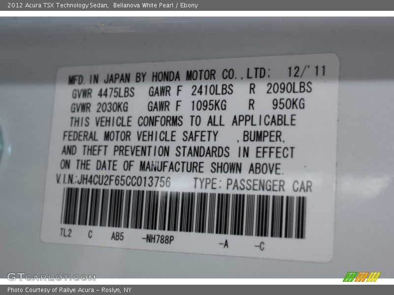 Bellanova White Pearl / Ebony 2012 Acura TSX Technology Sedan