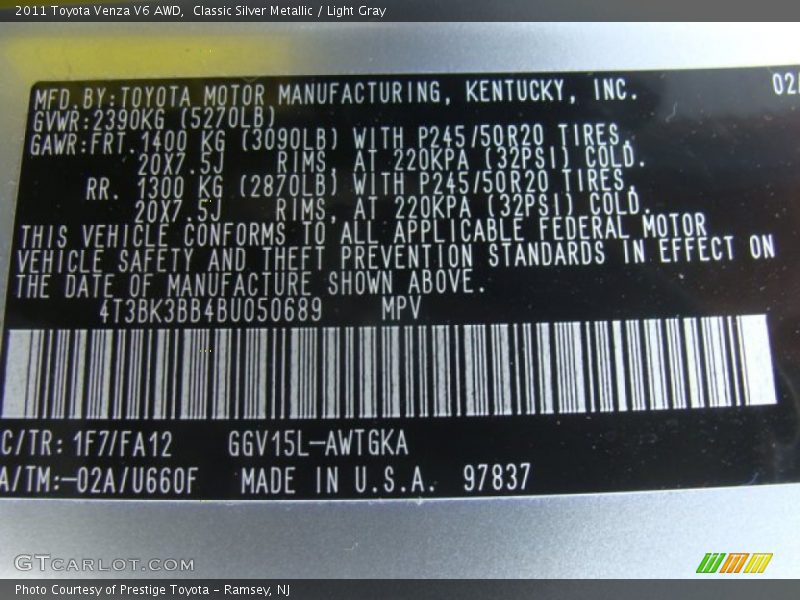 Classic Silver Metallic / Light Gray 2011 Toyota Venza V6 AWD