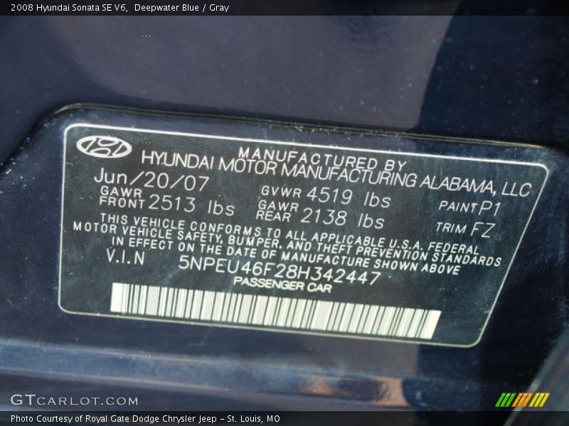 Deepwater Blue / Gray 2008 Hyundai Sonata SE V6
