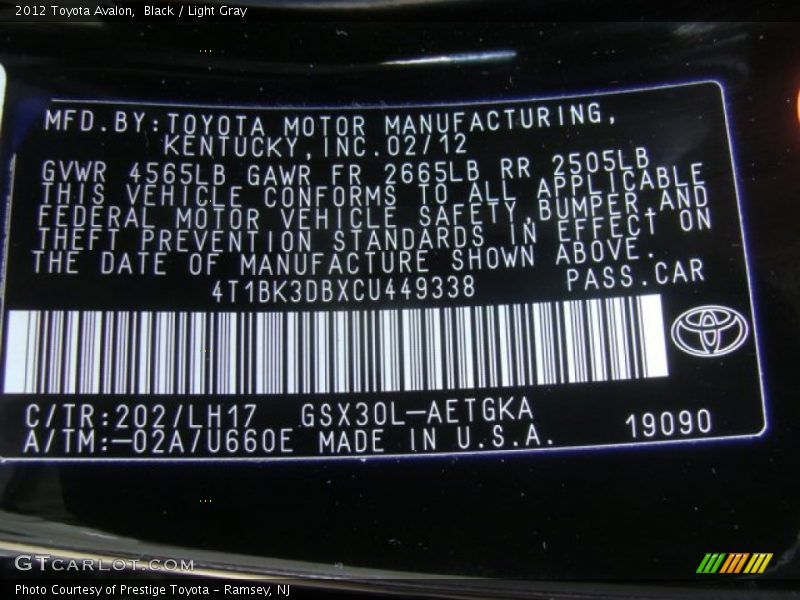 Black / Light Gray 2012 Toyota Avalon