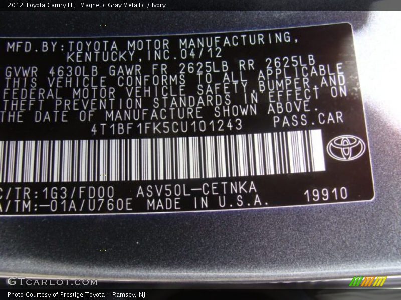 Magnetic Gray Metallic / Ivory 2012 Toyota Camry LE