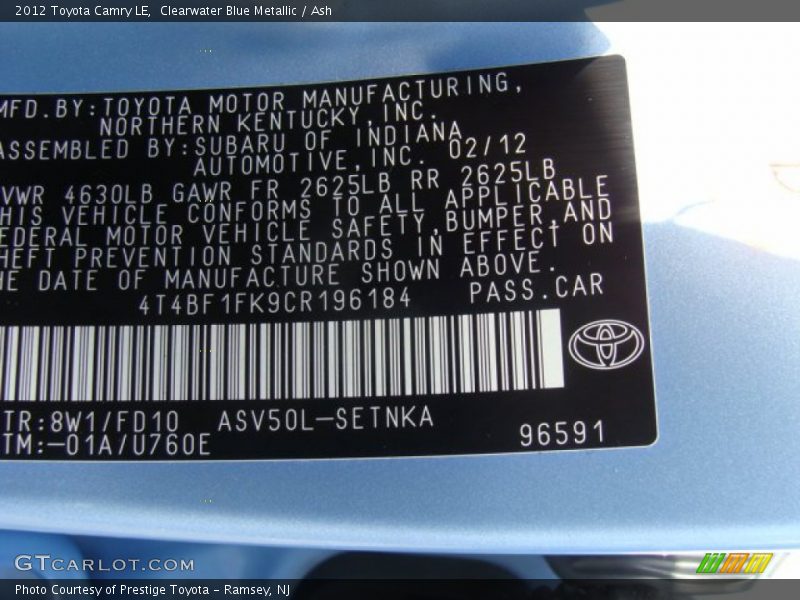 Clearwater Blue Metallic / Ash 2012 Toyota Camry LE