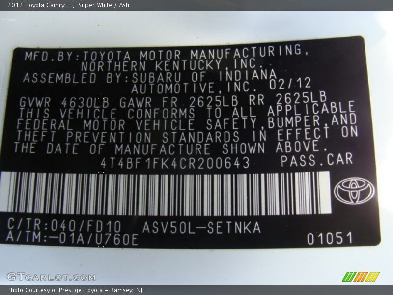 Super White / Ash 2012 Toyota Camry LE