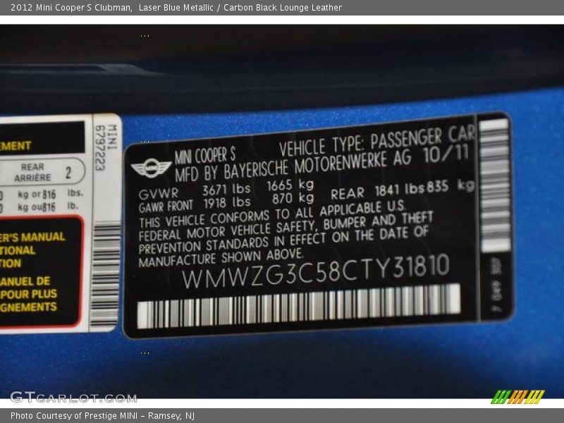 Laser Blue Metallic / Carbon Black Lounge Leather 2012 Mini Cooper S Clubman