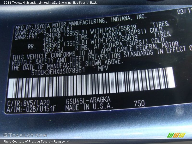 2011 Highlander Limited 4WD Shoreline Blue Pearl Color Code 8V5