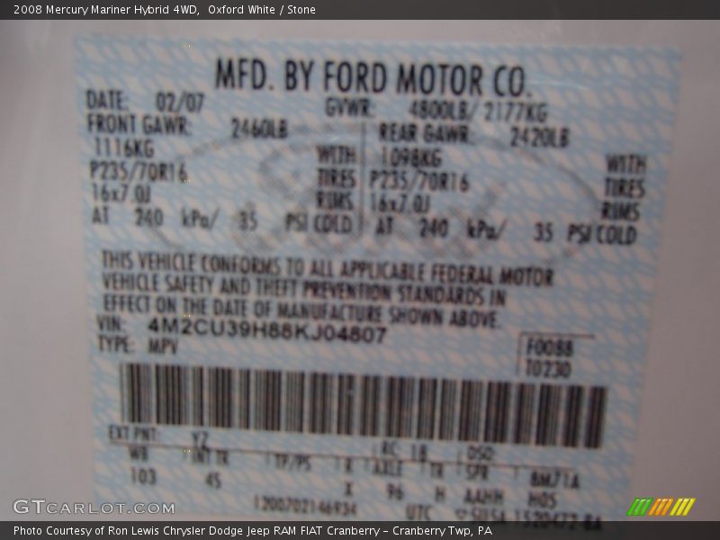 Oxford White / Stone 2008 Mercury Mariner Hybrid 4WD