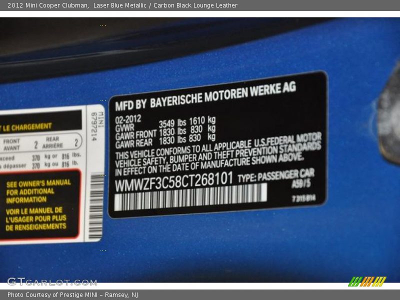 Laser Blue Metallic / Carbon Black Lounge Leather 2012 Mini Cooper Clubman