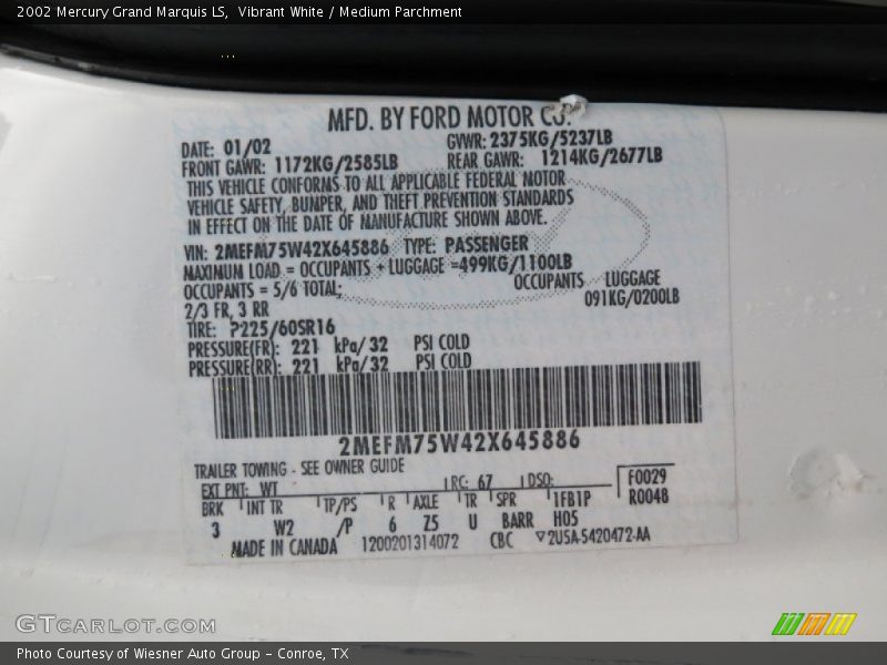 2002 Grand Marquis LS Vibrant White Color Code WT