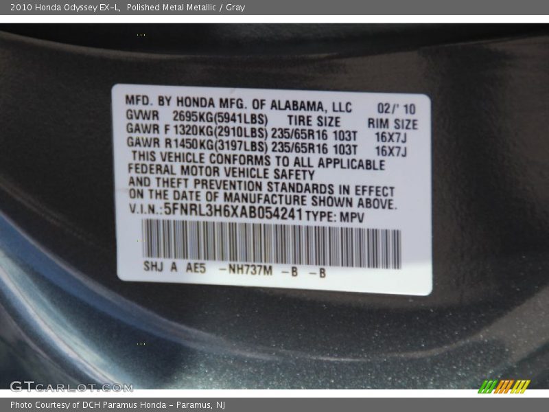Polished Metal Metallic / Gray 2010 Honda Odyssey EX-L