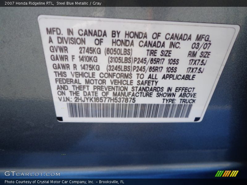 Steel Blue Metallic / Gray 2007 Honda Ridgeline RTL