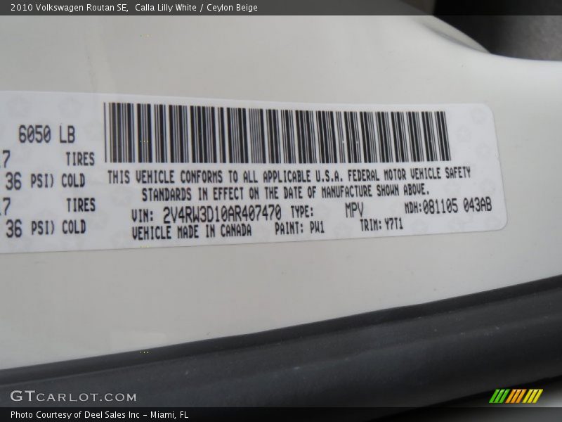 Calla Lilly White / Ceylon Beige 2010 Volkswagen Routan SE