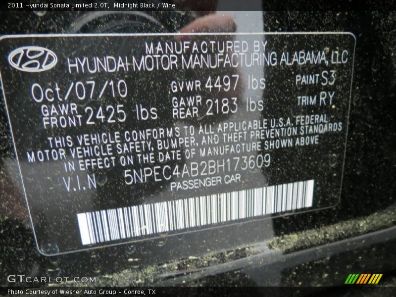 Midnight Black / Wine 2011 Hyundai Sonata Limited 2.0T