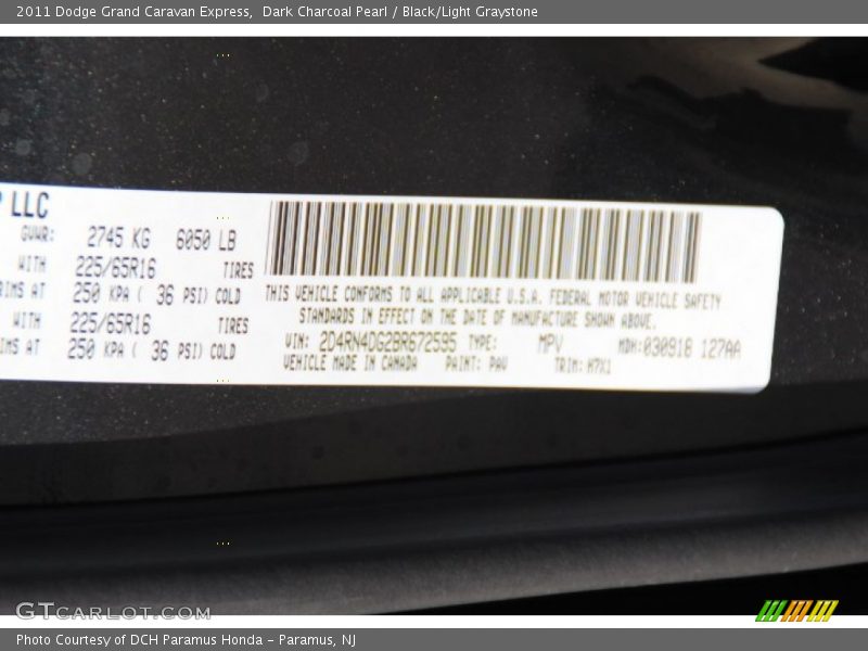 Dark Charcoal Pearl / Black/Light Graystone 2011 Dodge Grand Caravan Express