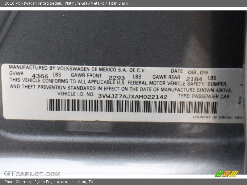 Platinum Grey Metallic / Titan Black 2010 Volkswagen Jetta S Sedan