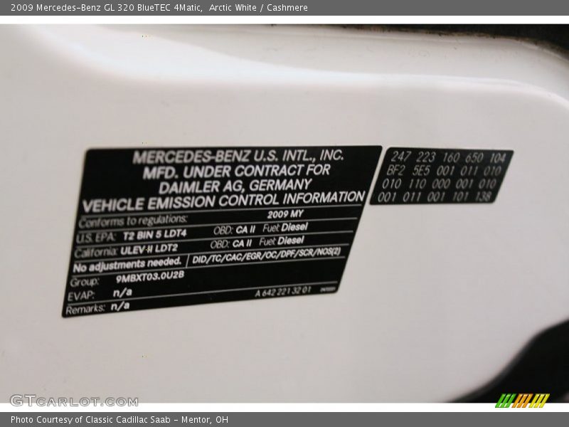 Info Tag of 2009 GL 320 BlueTEC 4Matic