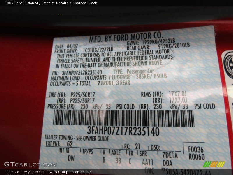 2007 Fusion SE Redfire Metallic Color Code G2