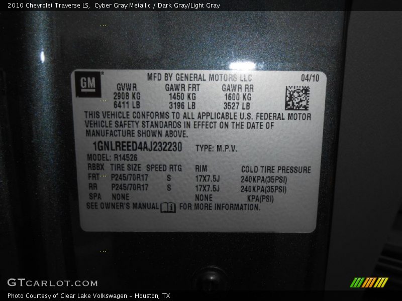 Cyber Gray Metallic / Dark Gray/Light Gray 2010 Chevrolet Traverse LS