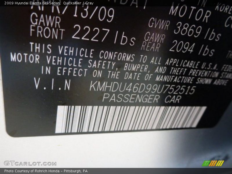 Quicksilver / Gray 2009 Hyundai Elantra GLS Sedan