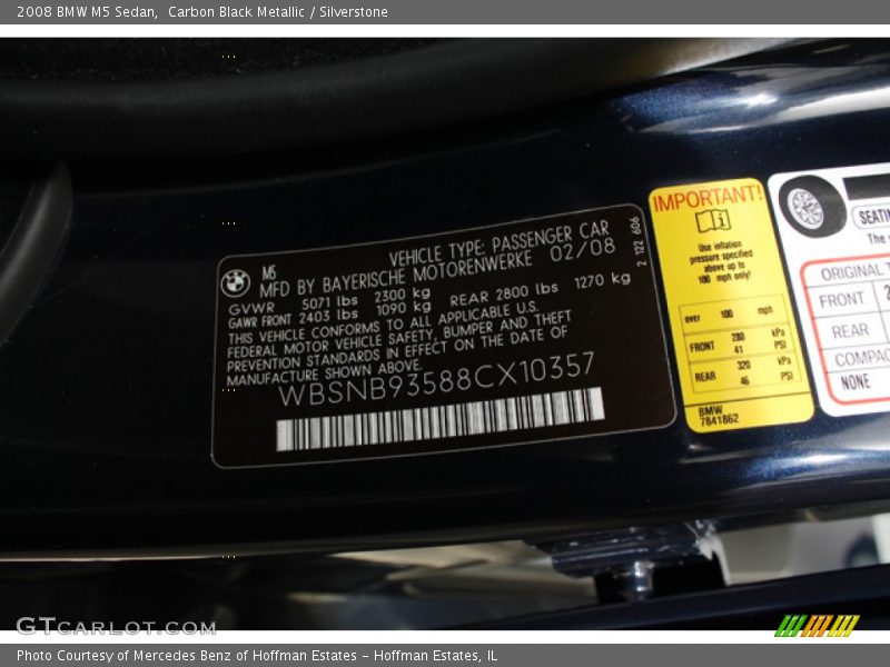Info Tag of 2008 M5 Sedan