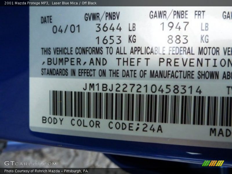 2001 Protege MP3 Laser Blue Mica Color Code 24A