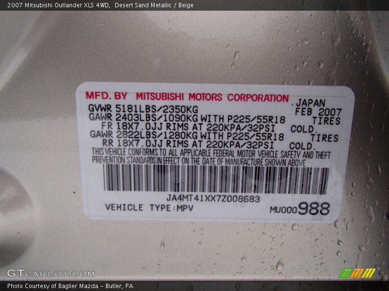 Desert Sand Metallic / Beige 2007 Mitsubishi Outlander XLS 4WD