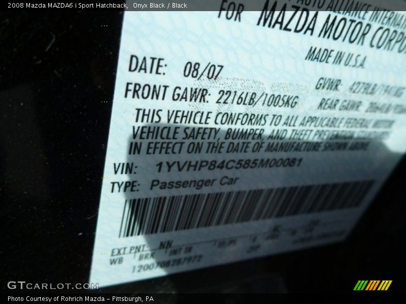 2008 MAZDA6 i Sport Hatchback Onyx Black Color Code NN