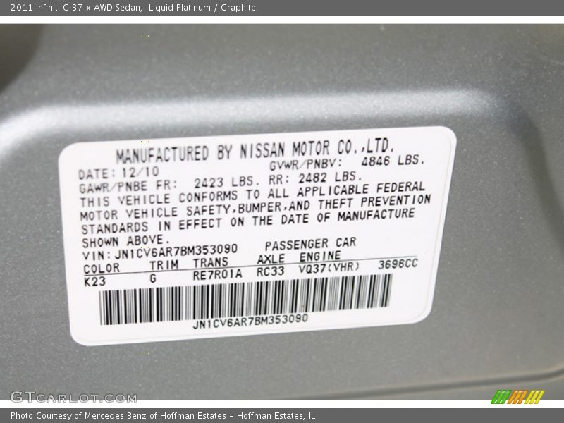 Liquid Platinum / Graphite 2011 Infiniti G 37 x AWD Sedan