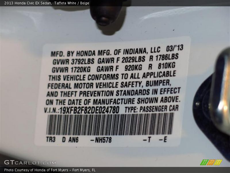 Taffeta White / Beige 2013 Honda Civic EX Sedan