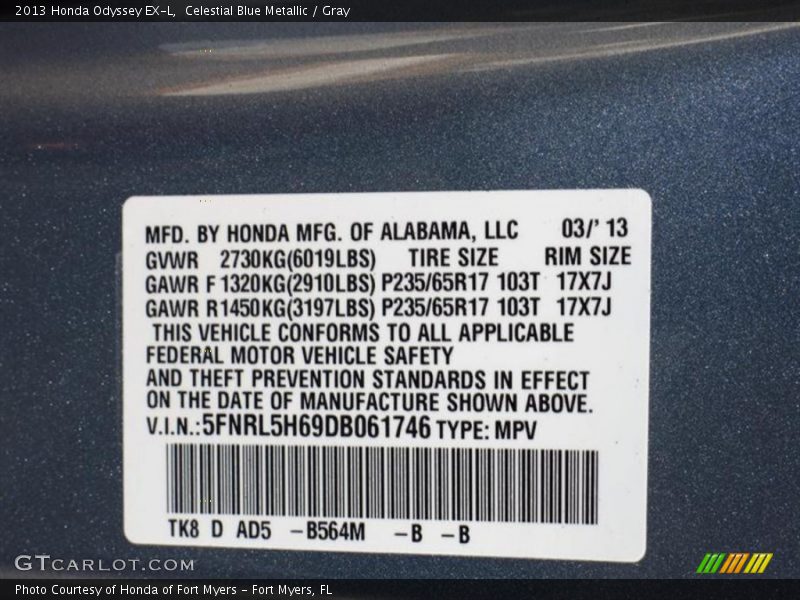 Celestial Blue Metallic / Gray 2013 Honda Odyssey EX-L