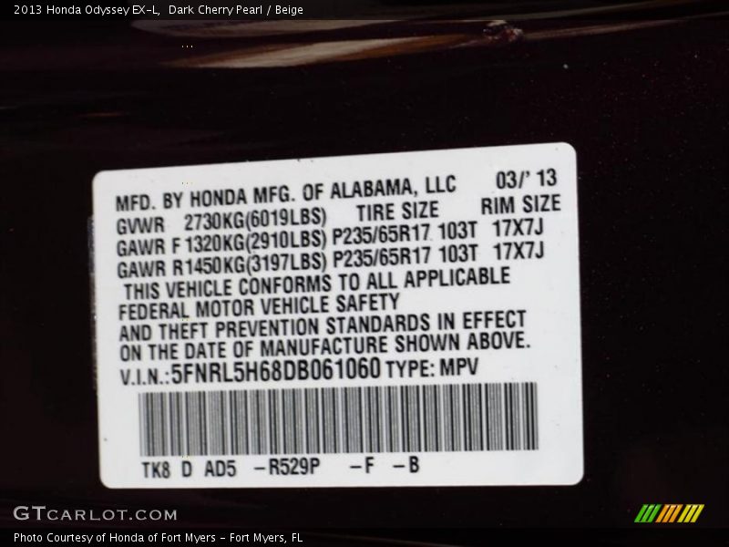 Dark Cherry Pearl / Beige 2013 Honda Odyssey EX-L