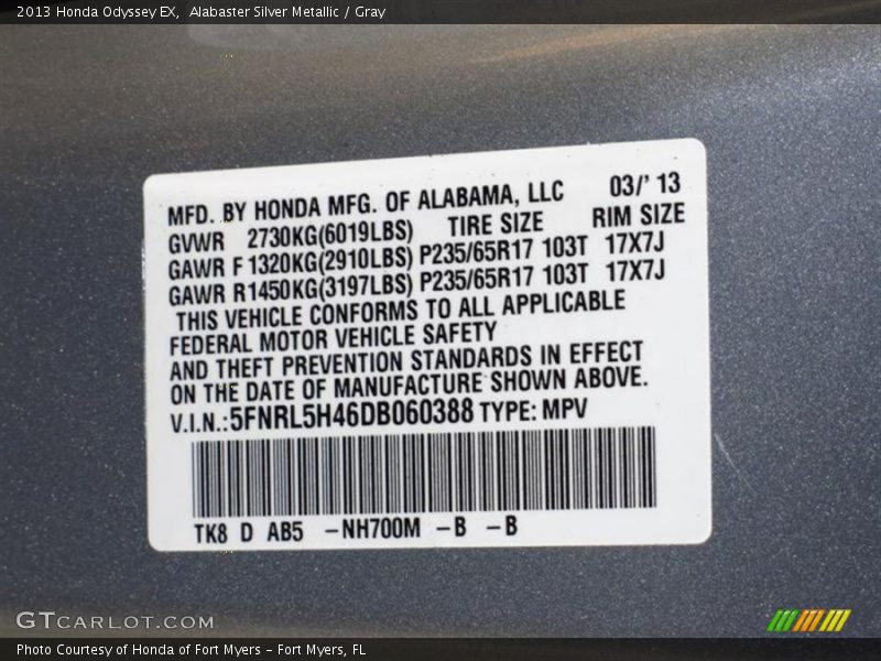 Alabaster Silver Metallic / Gray 2013 Honda Odyssey EX