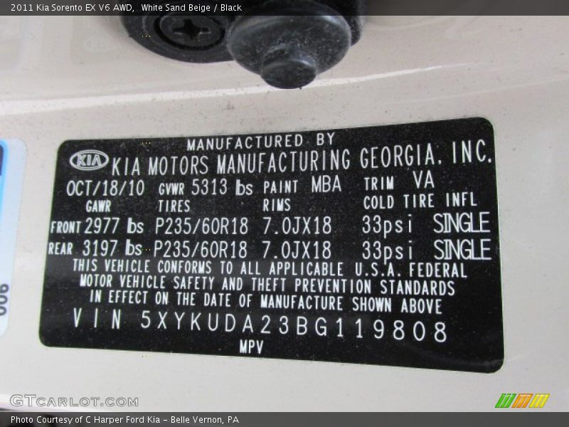 White Sand Beige / Black 2011 Kia Sorento EX V6 AWD