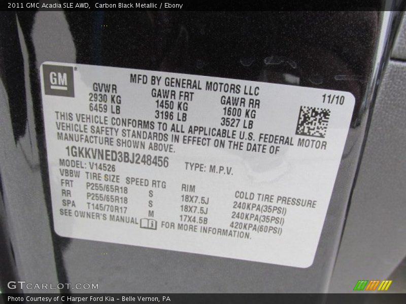 Carbon Black Metallic / Ebony 2011 GMC Acadia SLE AWD