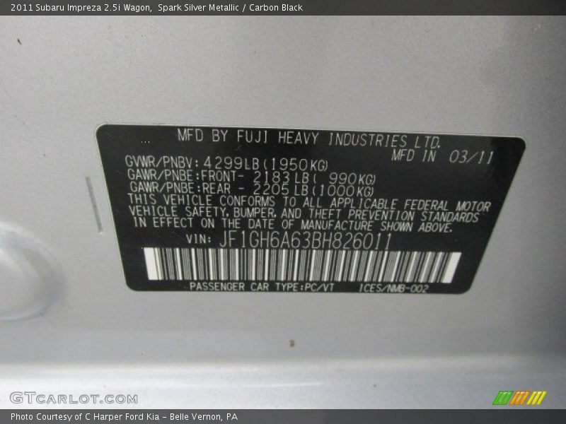 Info Tag of 2011 Impreza 2.5i Wagon