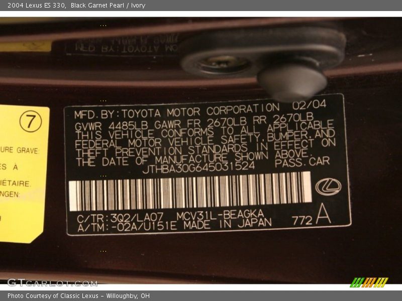 2004 ES 330 Black Garnet Pearl Color Code 3Q2
