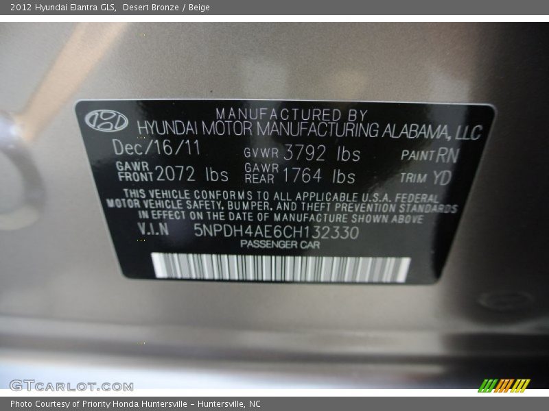 Desert Bronze / Beige 2012 Hyundai Elantra GLS