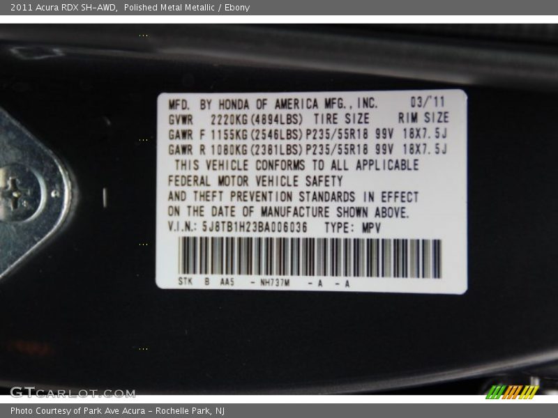 Polished Metal Metallic / Ebony 2011 Acura RDX SH-AWD