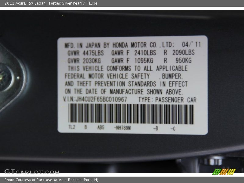 Forged Silver Pearl / Taupe 2011 Acura TSX Sedan