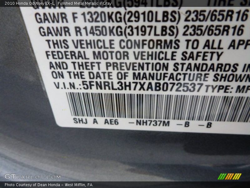 Polished Metal Metallic / Gray 2010 Honda Odyssey EX-L