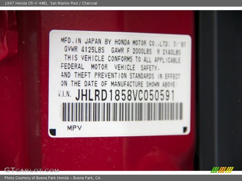 San Marino Red / Charcoal 1997 Honda CR-V 4WD